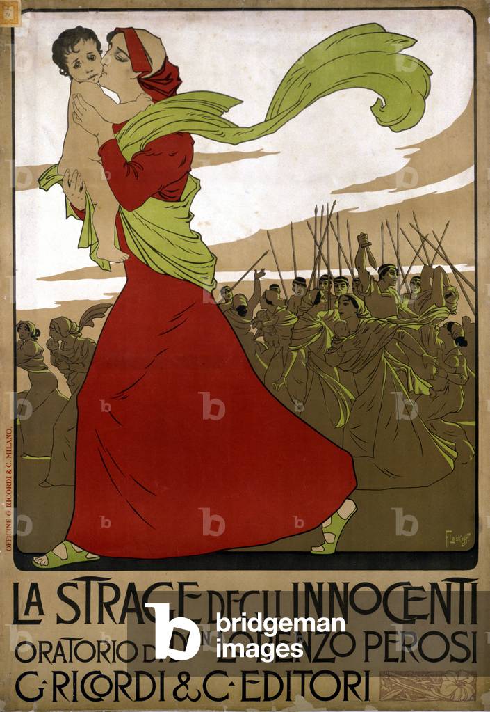 Poster for “La strage degli innocenti””, oratorio by Italian composer Don Lorenzo Perosi (1872 - 1956). Drawing by F. Laskoff, 1900.