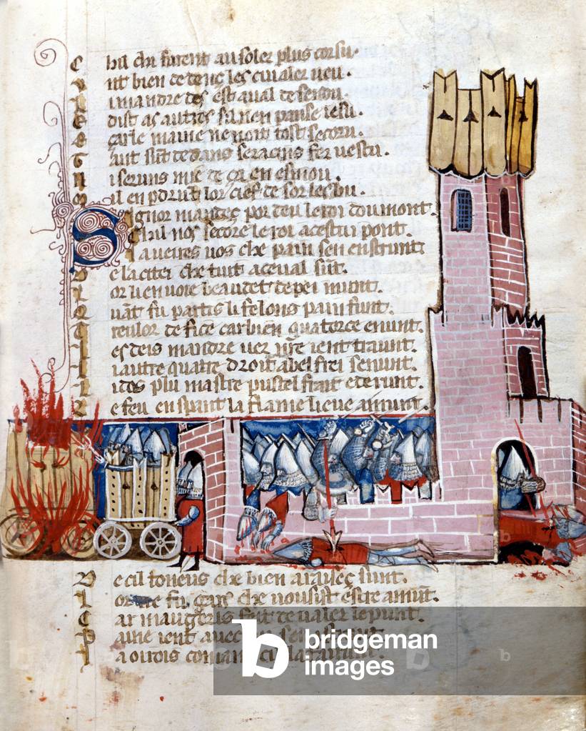 Battle in a castle. The tanks are on fire. Manuscript from the 13th century. Marciana Venice.