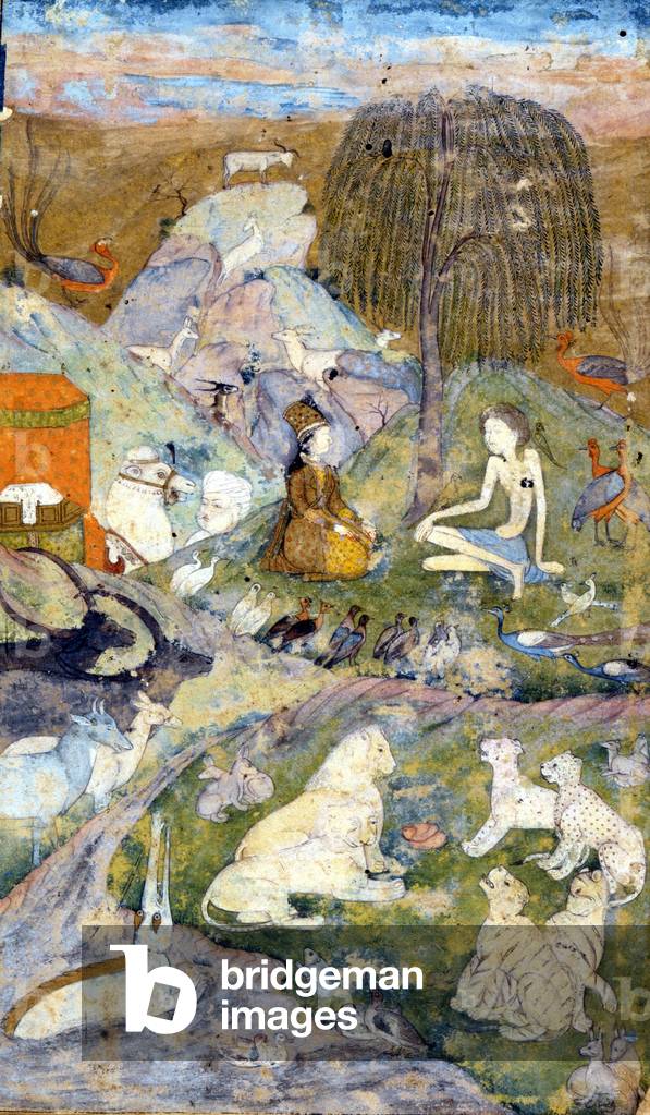 Persian miniature of the 17th century representing the Creation of the World: Man and Woman are represented near the tree of life, as well as all animals. Zoroastrianism: religion of Zarathustra (Zarathustra, Zarathushtra, Zarathustra or Zoroastra)