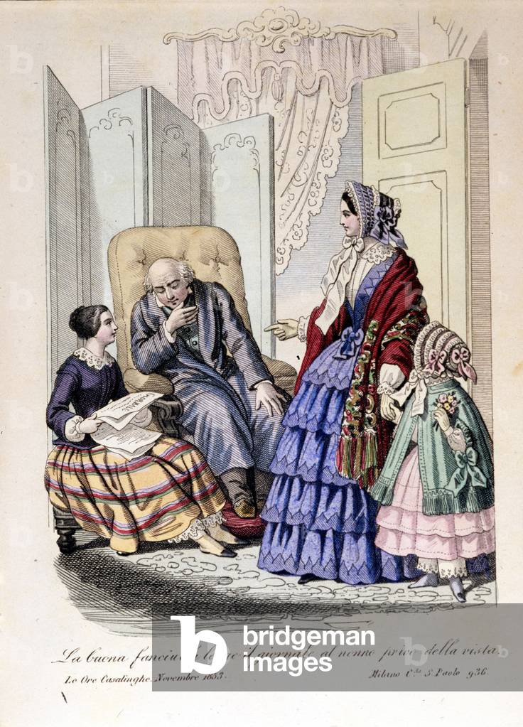 The girl reads the paper to her grandfather who has lost sight. From “The ore casalinghe”, November 1853.