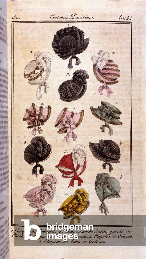Premier empire fashion: different models of women's hats, velvet helmet, satin hats, hat and condoms. Engraving from 1811