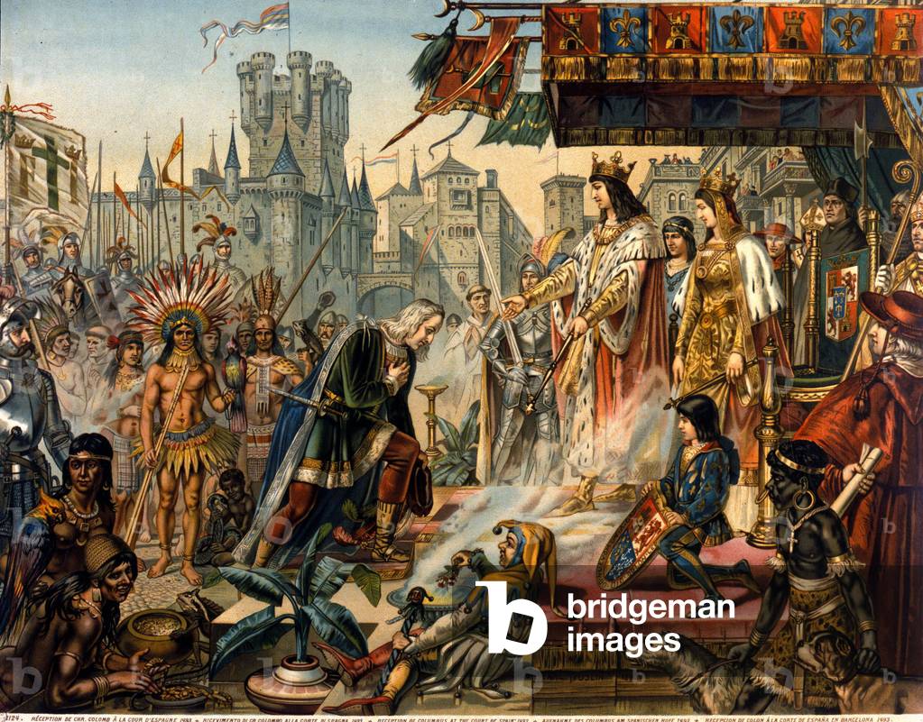 The return of Christopher Columbus to Spain before King Ferdinand II of Aragon and Isabella 1st of Castile (called the Catholic) after discovering America. 19th century (engraving)
