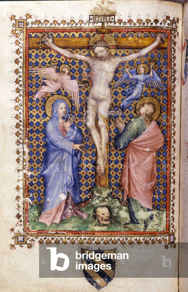 "Kreuzigung und Engel. Inschrift „“ INRI““ am Kreuz. Manuskript des 14. Jahrhunderts. Mailand" 1301 von Unknow