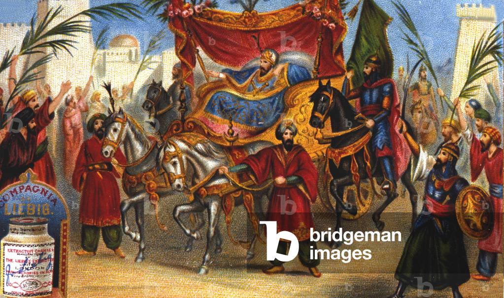 The triumphant entrance of Saladin (1138-1193) (Salah al Din Yusuf al-Ayyubi (al Ayyubi), the vizir, into the city of Jerusalem in 1187. Liebig chromolithography of the 19th century.