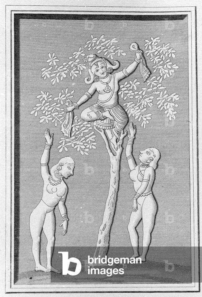 Krishna flying with two gopis. engraving in “” Ancient and Modern Monuments of Hindustan”” by L.M. Langles, Paris 1821.