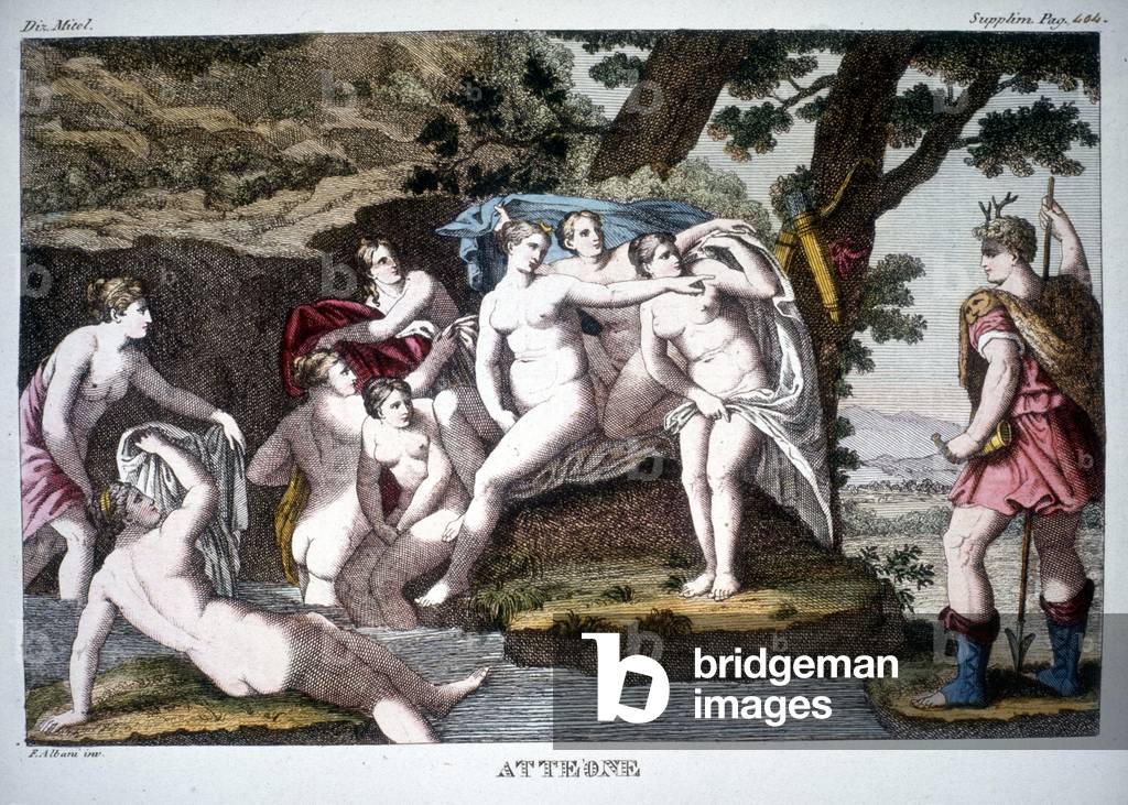 Acteon transformed into deer - in Dizionario mitologico, 19th century engraving, Bibl. di Brera, Milan.