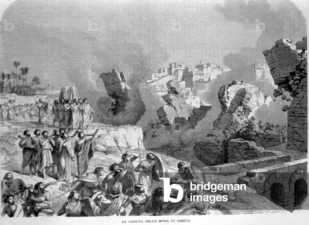 The walls of Jericho collapsed to the sound of the Trumpets of Hosea, which allowed the Hebrews to seize them. Book of Joshua. Engraving of the 19th century.