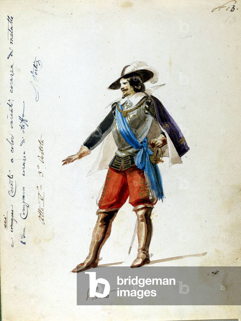 Costume for the character of Arrigo in the opera “Giovanna de Guzman”” name of the first representation of the Sicilian Vepres (I vespri siciliani) composed by Giuseppe Verdi. Anonymous costume made for the Scala Theatre in Milan in 1856.