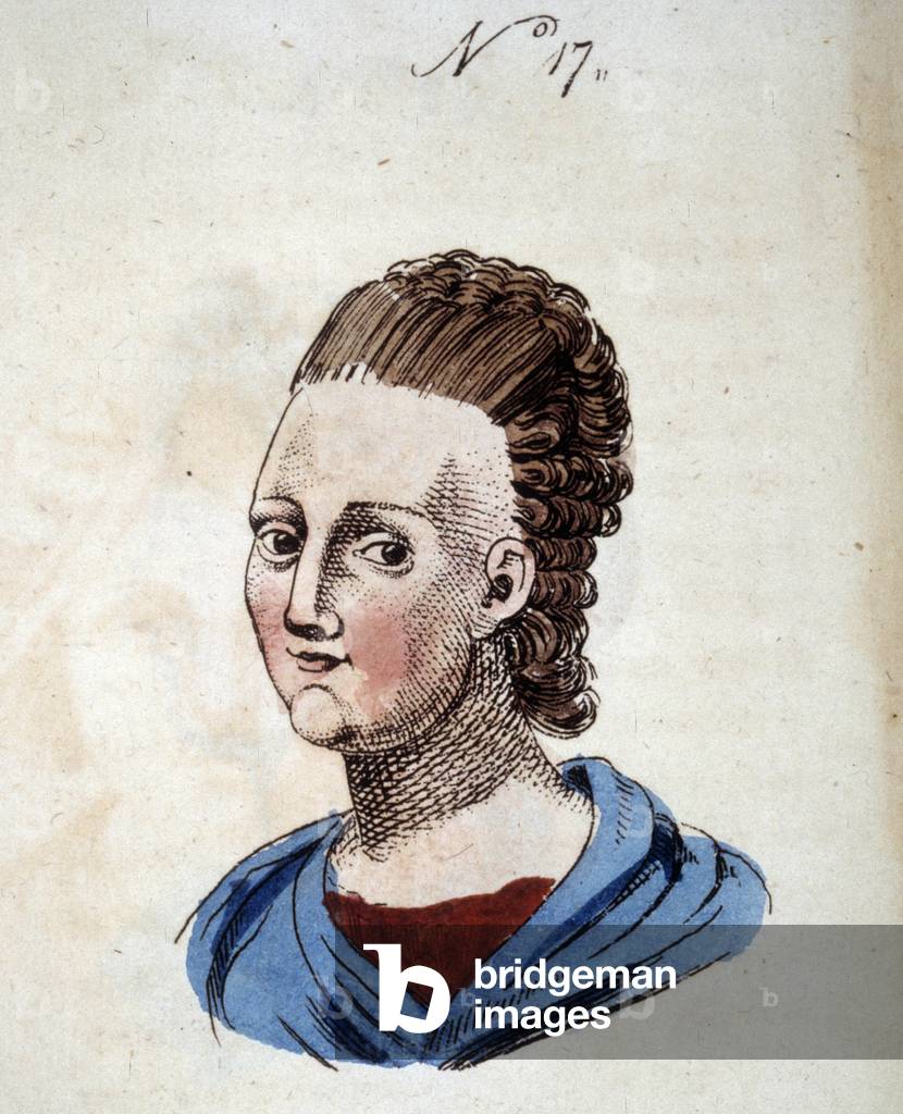 Figure number 17 representing the face of a woman in “” Il Lavater portatile: o Sia compendio dell'arte di riconoscere gli Uomini dai Tratti del Volto”” (or “” Pocket washing: Abrege de l'art de recognizing men through the traits of the face”). Volume 2. Work by Johann Kaspar Lavater, Swiss writer, thinker and theologian of German expression (1741-1801). Published in Milan in 1811.