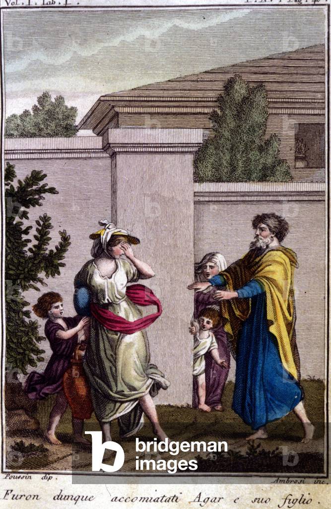 Agar and Ishmael were driven out by Abraham: Agar, who was dismissed, went with his son, Isamel, after the birth of Isaac. Engraving from the beginning of the 19th century.