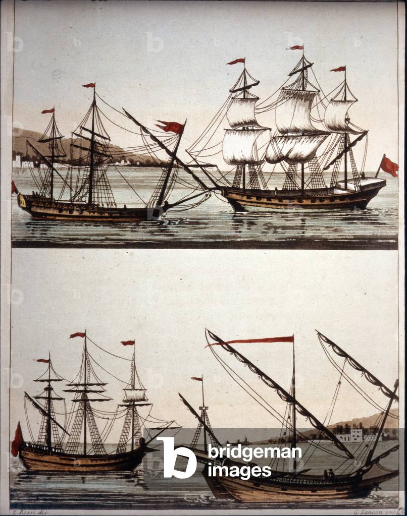 Typical boats of the barbarian pirates, - in “Il costume antico e moderno”” de Ferrario, Milan, 1820.