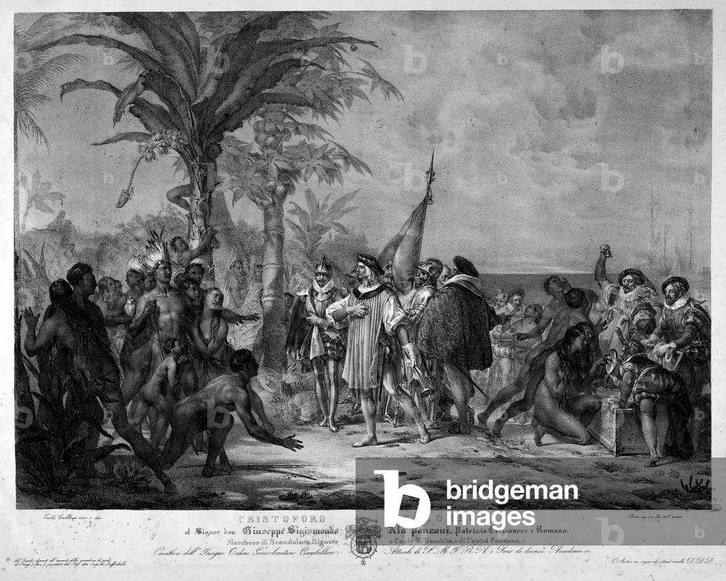 The landing of Christopher Columbus in San Salvador (Bahamas) on 12/10/1492. 19th century (engraving)