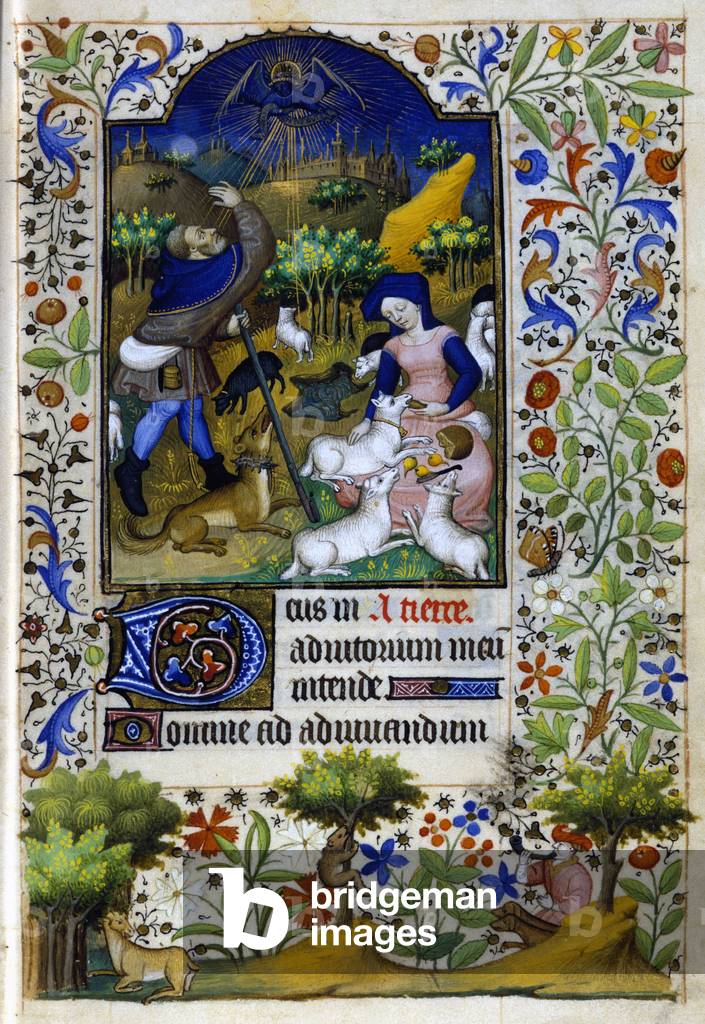 The announcement to the shepherds of the birth of Jesus Christ. French manuscript from the 15th century. Bibli