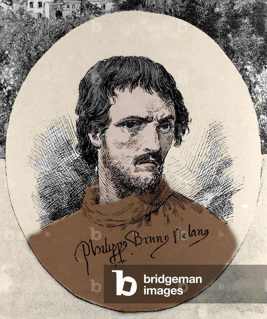 Portrait of Giordano Bruno (1548 - 1600), Italian philosopher. engraving by Matania.