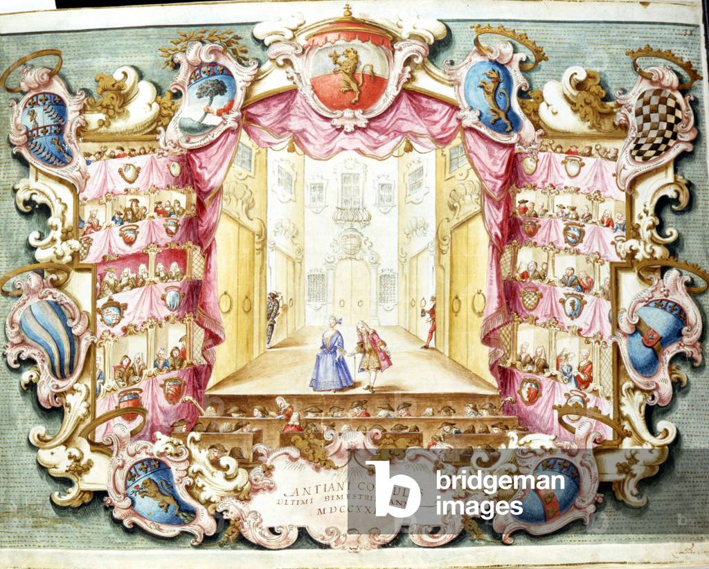 Interior of the Theatre de la Sala in Bologna in 1722. Print of the period. Archivio di Stato, Bologna.