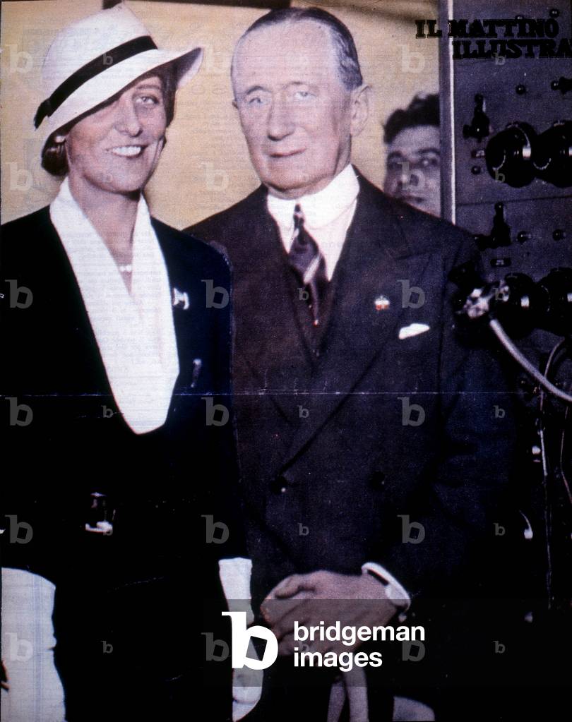 Portrait of Guglielmo Marconi (1874-1937), Italian physicist, inventor of wireless telegraphy, and his wife. Hand-colored photography, -! n “” Il Mattino Illustrato”” of Naples, 1930s.