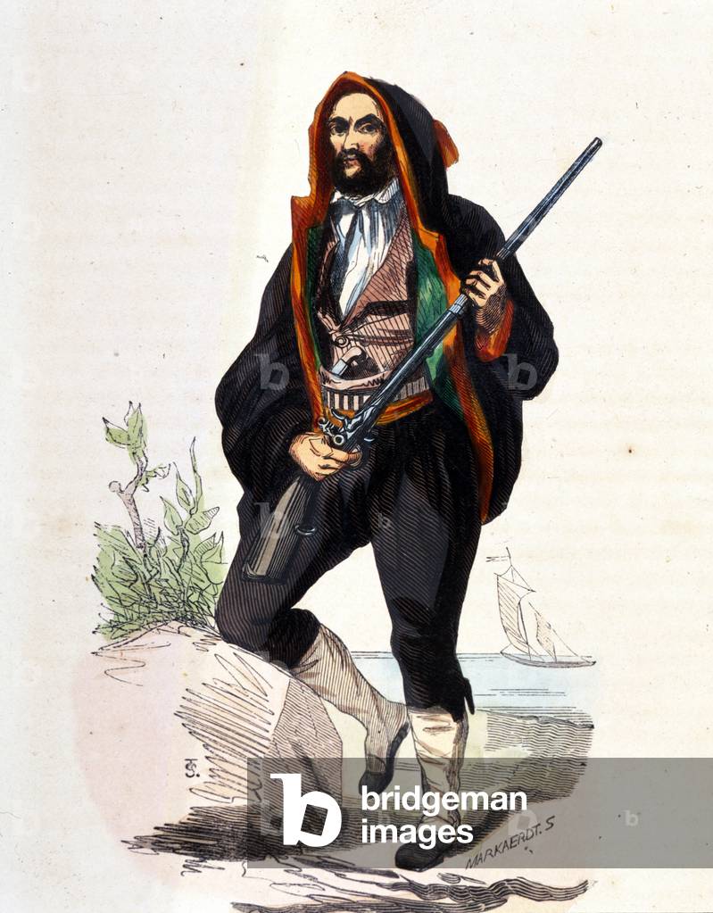 Portrait of Corsican bandit in traditional costume and weapon of a rifle - Signed by S. Markaerdt, 19th century (?)