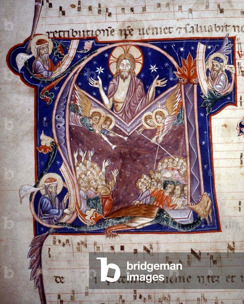 Lettrine “m” representing the Last Judgment. Miniature, 14th century.