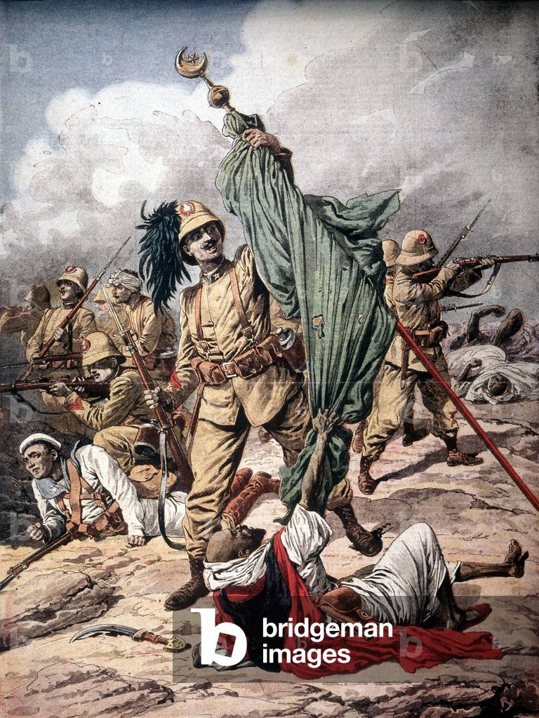 Italian-Turkish War: Italian infantryman grabbing a Turkish flag, 1912.