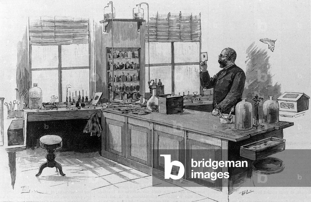 Portrait of the German doctor Robert Koch (1843-1910) in his laboratory.