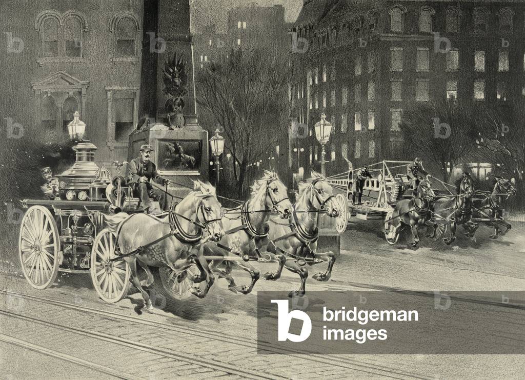 Fire vehicle pulls by horses arriving at the fire site. USA. 1895