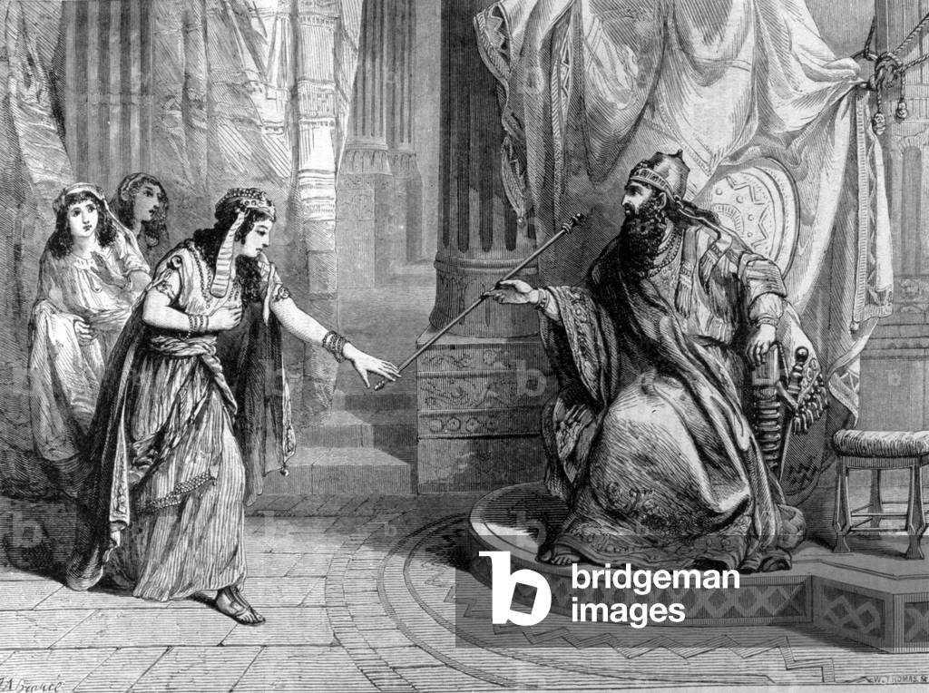Representation of Esther concerning the sceptre of King Assuerus 1st (Xerxes 1st). Engraving of the 19th century.