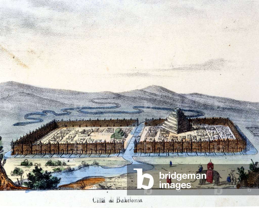 View of ancient Babylon: in the center the temple and the hanging gardens. Burning sd. early 19th century.