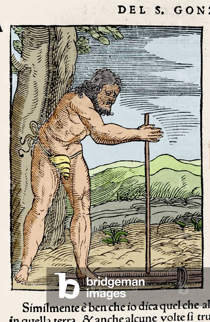 A native man lighting a fire by rubbing two pieces of wood. Engraving from “” Navigationi and Viaggi”” by Giovanni Battista Ramusio (1485-1557), vol. III, Venice 1565.