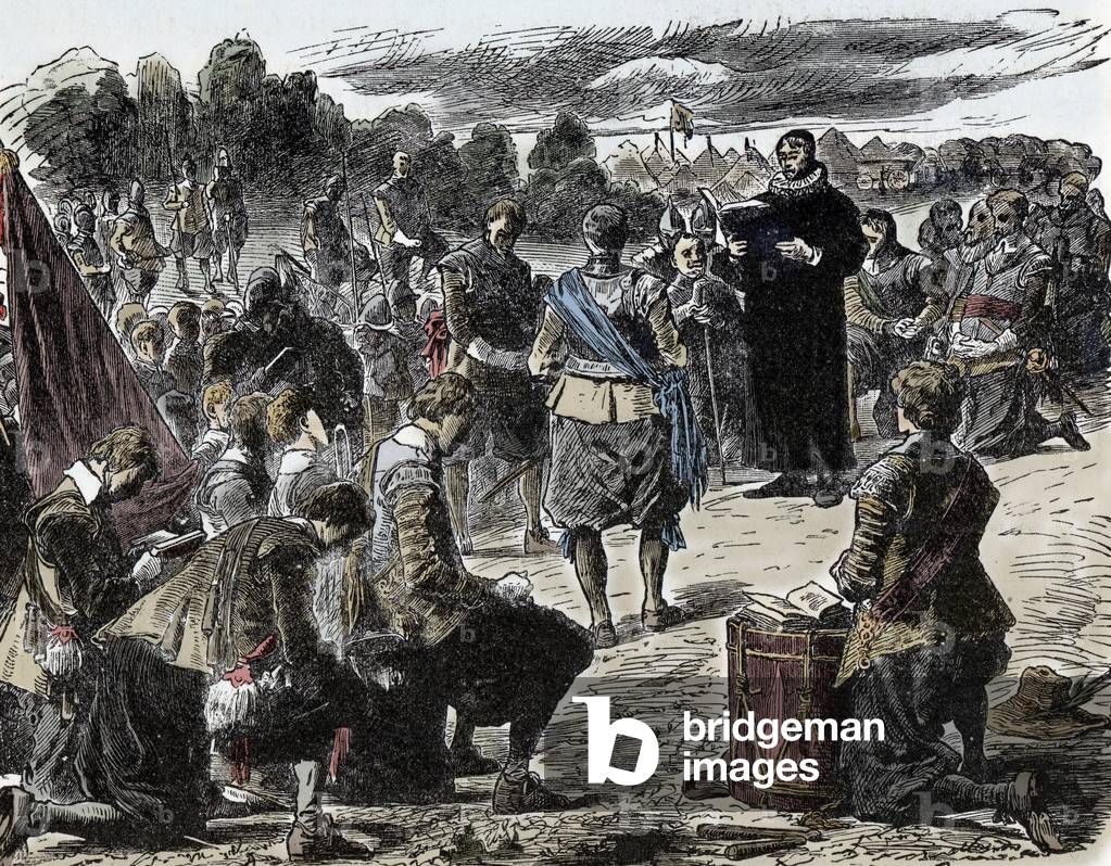 Thirty Years War: Swedes at Prayer before the Battle of Luetzen - Thirty Years' War (1618-1648): King Gustave II Adolphe of Sweden (1594-1632) and his troops gather for a religious celebration before the Battle of Lutzen (1632)