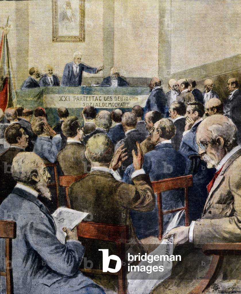 German Socialist Congress in Chemnitz in 1912. Auguste Bebel (1840-1913) tries to reconcile revisionists and radicals. Illustration.