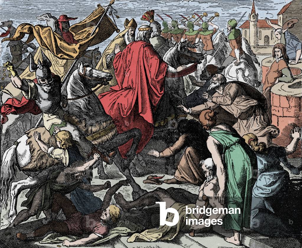 Conrad I the Younger proceeding to Coronation - Conrad I of Germania (died 918) was crown king of West France in 911 - Woodcut by Carl Ferdinand Obermann (1823-1910),