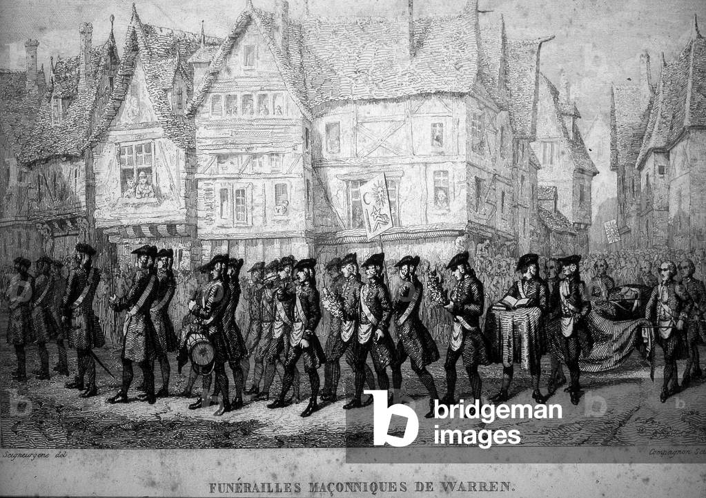 Freemasonry: Masonic funeral of Warren Hastings (1732-1818), British colonial administrator. Engraving from “” Picturesque Histoire de la Franc Maconnerie et des Societes Secretes antique et modernes” by F.-T. B. Clavel. Pagnerre, editor. 1843.