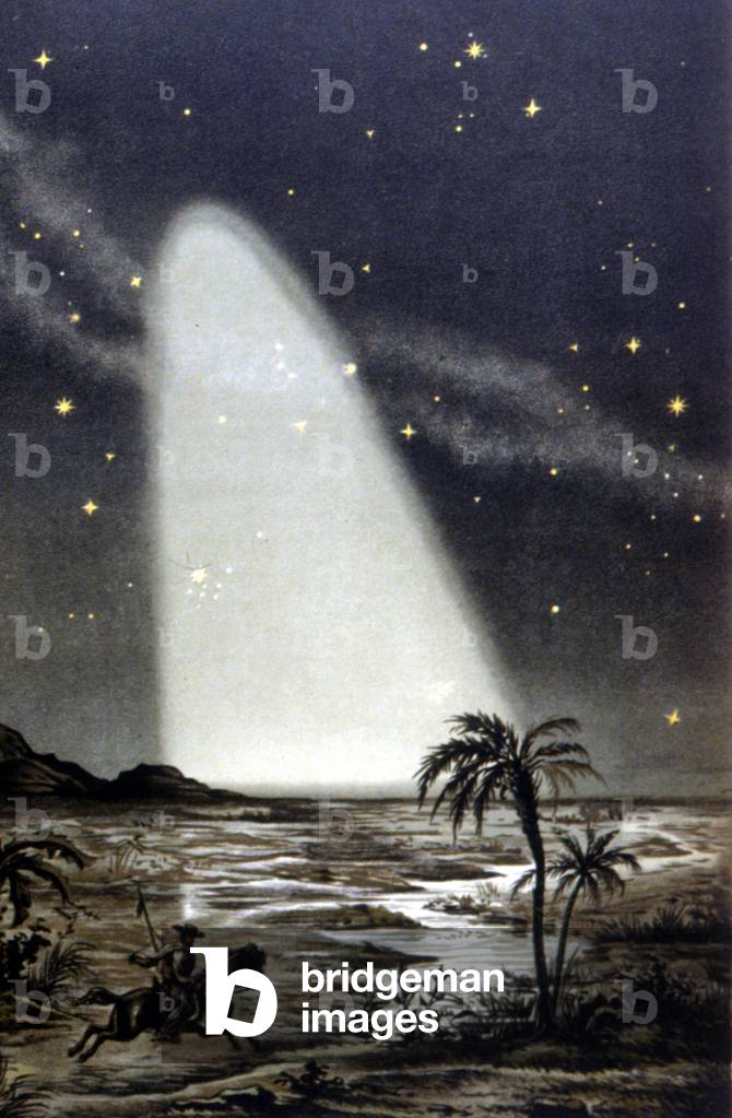 Zodiacal light phenomenon on the Mexican savannah. 19th century colour lithography.