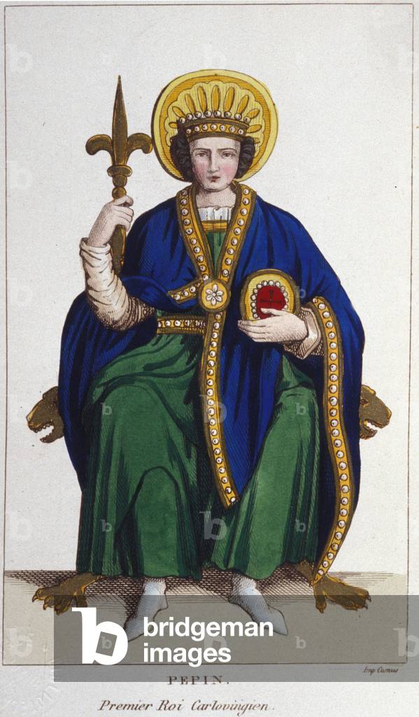 Portrait of Pépin le Brief (v. 714 - 768), King of the Francs, first Carolingians engraving of 1830