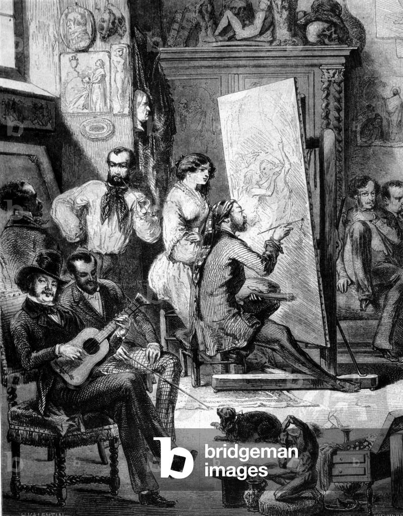 Workshop of a painter in the 19th century. Some play music, others smoke while the painter draws. Engraving of the 19th century