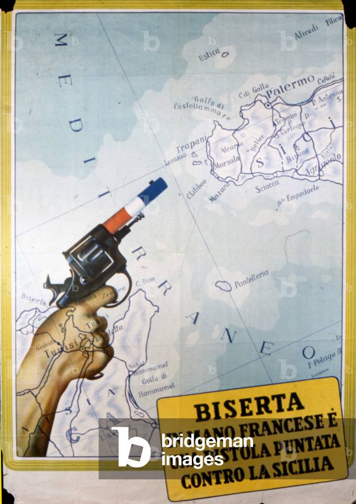 etc. BISERTA in mani francesi è come una pistola puntata sul fianco della Sicilia... Photomontage taken from the propaganda fascist regime “Prigioniera nel mare””, against British and French domination over the Straits of Gibraltar, Dardanelles, Suez and other strategical places of the Mediterranean Sea. Rome 1940.
