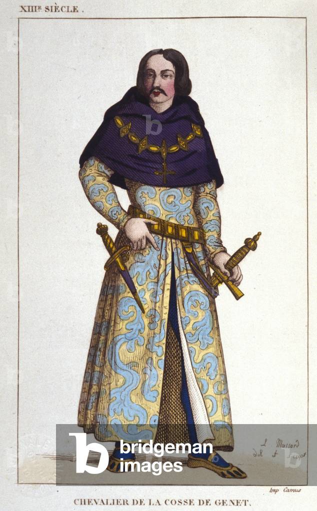 costume of Chevalier de la Cosse de Genet posterieur to the year 1365. engraving of 1830