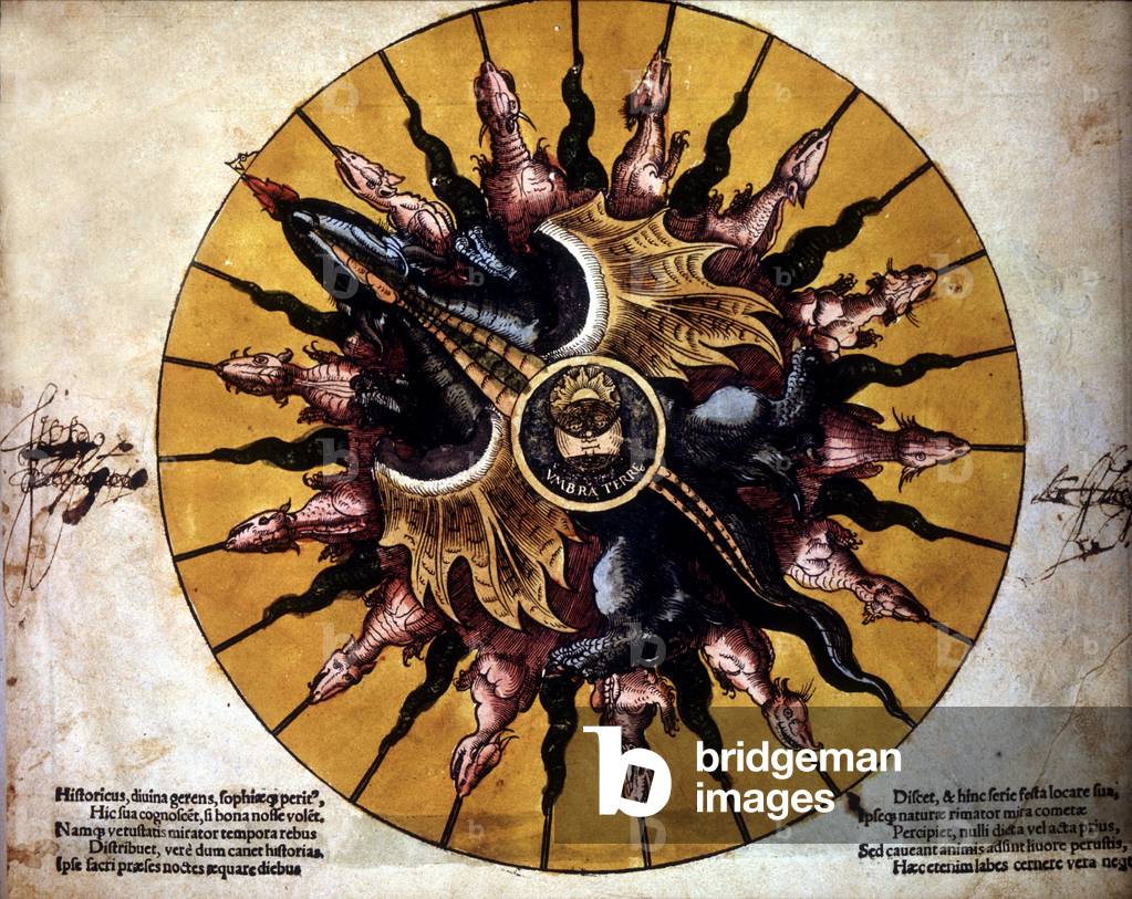 Frontispice representing a sun - in “Astronomicum Caesarium”, treatise of astronomy relating the theory of Ptolemeus, by P. Apiano.
