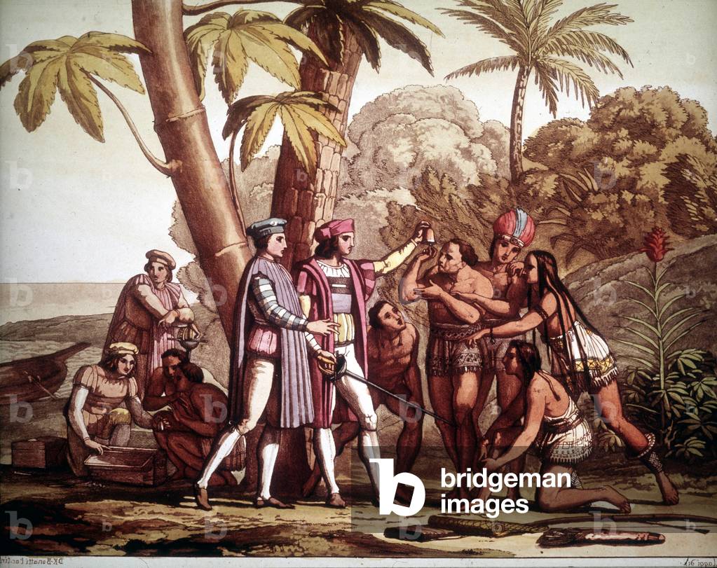 The first Indians who appeared to Christopher Columbus on his arrival in America, - in ' The old and modern costume'' by Jules Ferrario, 1819-20, ed. Milan.