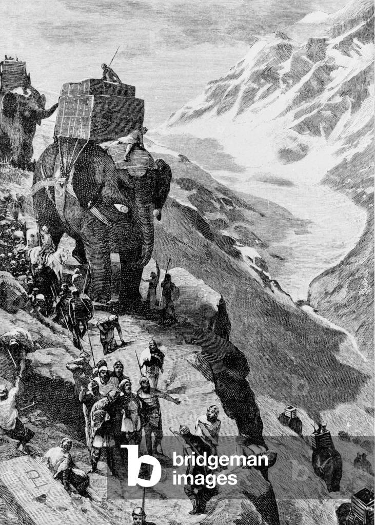 Hannibal crosses the Alps with elephants and arrives in Italy in 218 BC. (Second Punic War). Engraving of the 19th century.