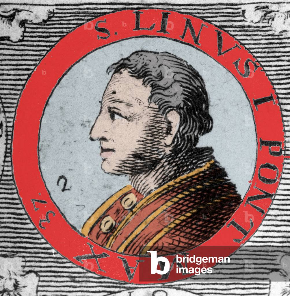 Portrait of Pope Lin (Linus, San Lino) eveque of Rome and successor of Peter. 1st century. Engraving of 19th century.