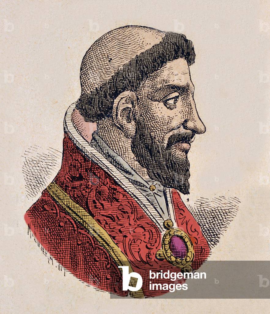 Portrait of the Pope Etienne VIII (Stephen, stefano or Stephanus) (939-942), 1898 (engraving with later colouration)