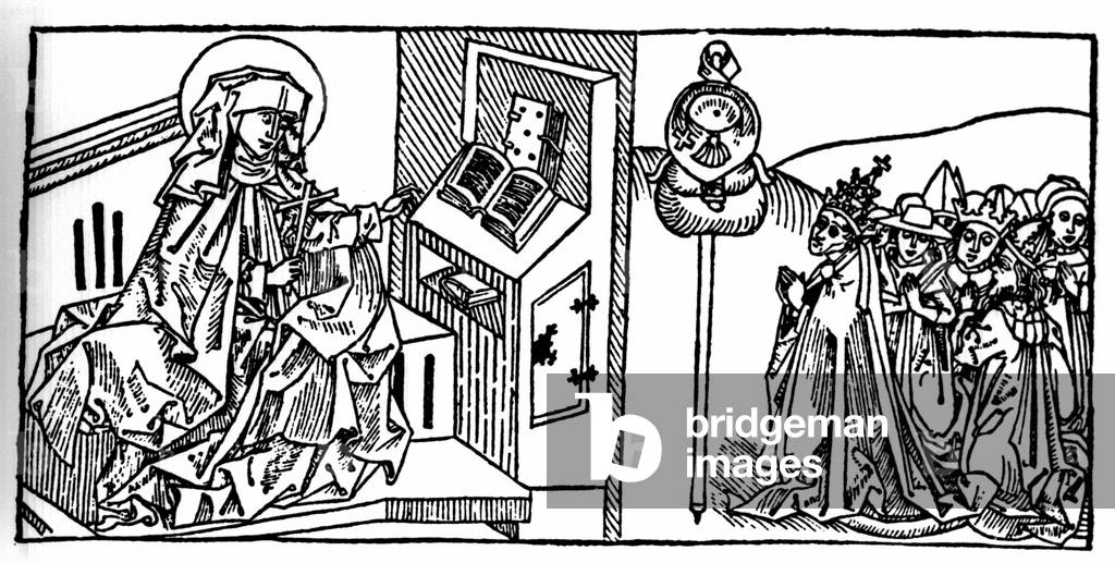 Portrait of Saint Brigitte of Sweden (1103 - 1373). Engraving from “Leben der Heiligen - sommerteil” (The book of the saint) by Jacobus (James) of Voragine (1228-1298). Lubeck 1488.