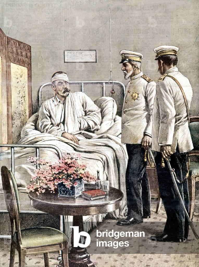 L'amiral japonais Togo visite l'amiral russe Rodsesventskij blessé. 1905.
