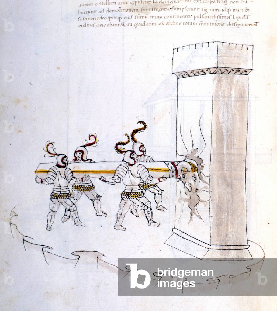 Use of a belier during an assault in the 16th century.