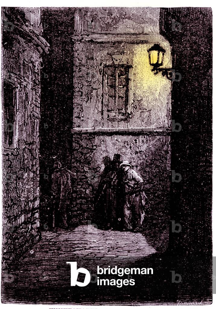 View of a dark alley in the Whitechapel district of London. 18th century Engraving