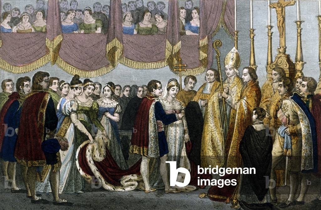 Wedding ceremony between Napoleon I and Mary - Louise of Habsburg in the church of the Augustines in Vienna, April 2, 1810. 19th century engraving.