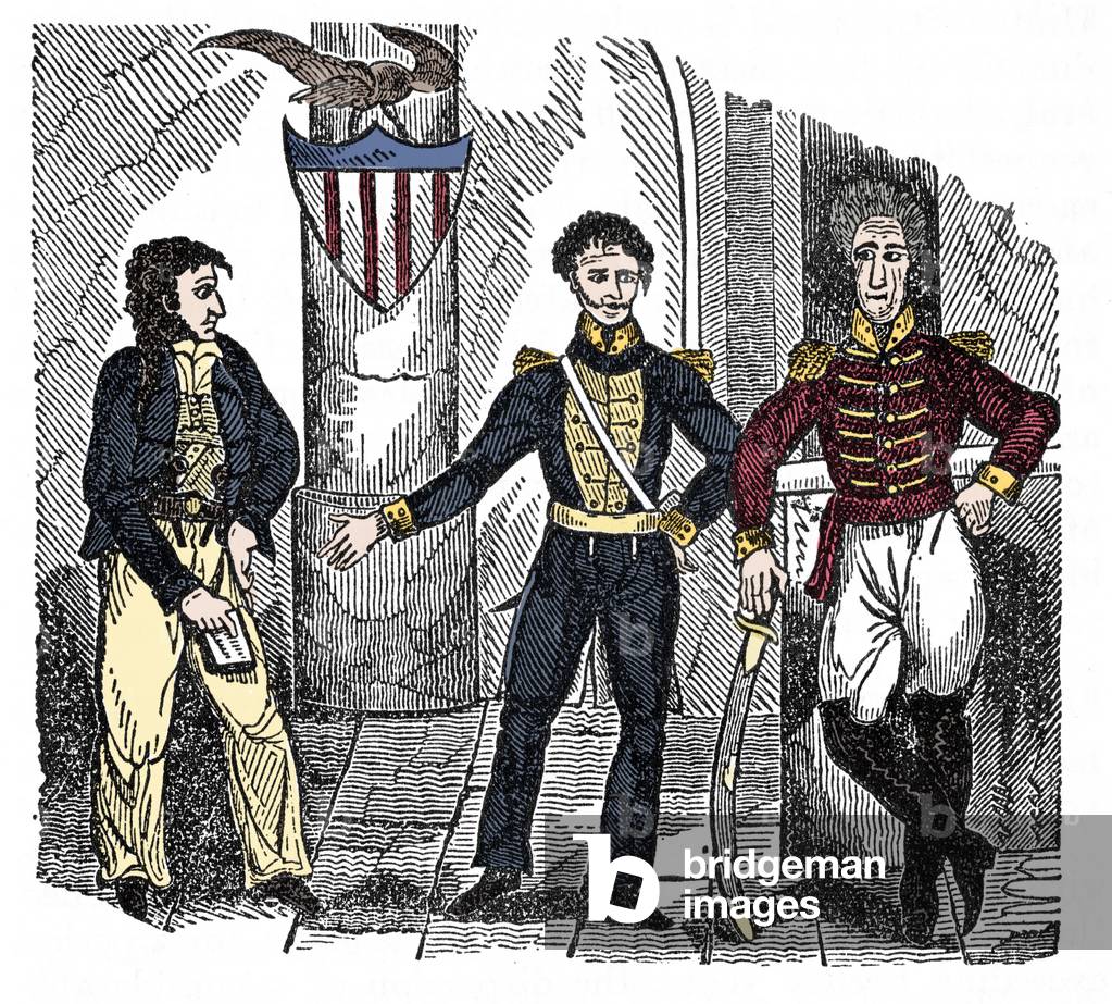 The meeting of the pirate gentleman Jean Lafitte (1780-1826) with General Andrew Jackson and Governor William C. Claiborne Engraving