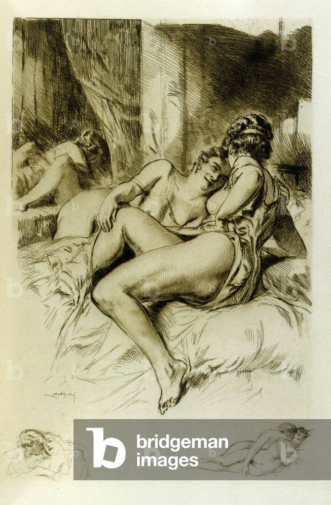 Erotik: Zwei Frauen legen sich in ein Bett und streicheln sich gegenseitig. Abbildung von Almery Lobel-Riche (