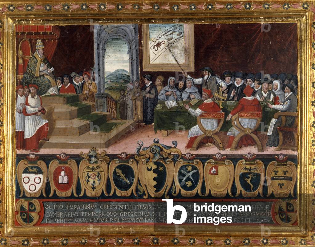 Gregoire XIII (Ugo Boncompagni, 1502-1585), pope from 1572 to 1585, promulgating the new calendar (1582) Tablet of Biccherna (1582-1583) Siena State archives. gregorian calendar. Panel on wood. Biccherna. Archivio di Stato (National Archive), Siena.